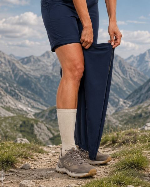 Personne en extérieur sur un sentier de montagne rocheux, transformant la partie inférieure de son pantalon bleu marine en short à l'aide d'une fermeture éclair, révélant des chaussettes beiges et des chaussures de randonnée.