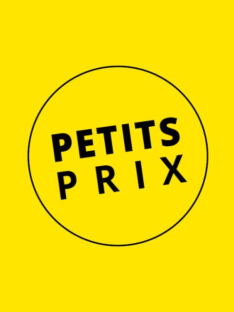 Contexte jaune avec un cercle bordé de noir contenant un texte noir en gras indiquant "PETITS PRIX" en majuscules.