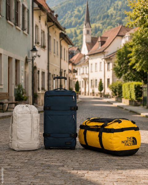 Un sac à dos de randonnée orange vif et un sac de voyage bleu-vert sont posés sur le sol à côté d'une camionnette garée, avec des montagnes boisées en arrière-plan.