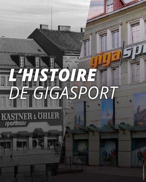 Image partiel montrant un magasin Kastner & Öhler en noir et blanc et un magasin Gigasport moderne, avec le texte "L'HISTOIRE DE GIGASPORT" au centre.