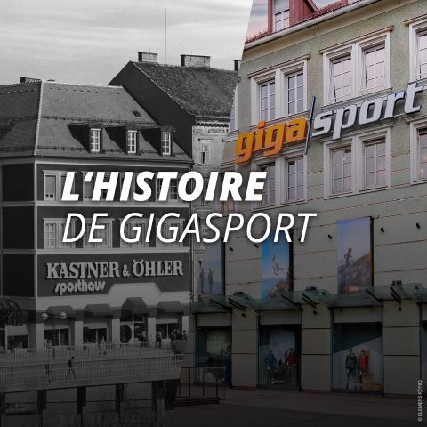 Un bâtiment historique avec l'inscription « Gigasport » et une grande superposition de texte « L'HISTOIRE DE GIGASPORT » en français.