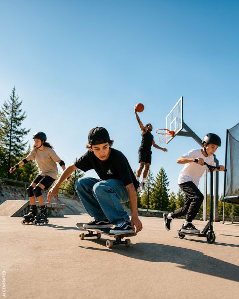 Quatre enfants dans un skatepark : L'un fait du skateboard, l'un fait du roller, l'un fait de la trottinette et l'un fait un dunk au basketball. En arrière-plan, on peut voir des arbres et le ciel bleu.