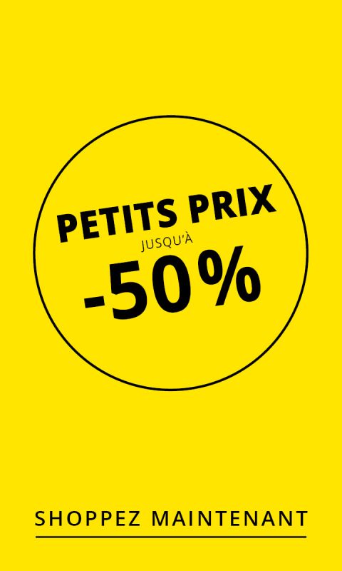 Gelber Hintergrund mit schwarzem Text: „Petits prix jusqu’à -50 %“ in einem Kreis. Darunter steht in Großbuchstaben „Shoppez maintenant“.