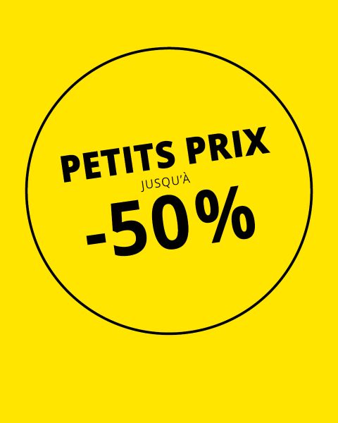 Fond jaune avec un cercle noir. Le texte à l'intérieur est « Petits prix jusqu’à -50 % » et indique des réductions allant jusqu'à 50 %.