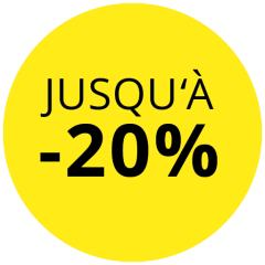 Cercle jaune avec écriture noire : « JUSQU'À -20 % ». Cela indique une réduction allant jusqu'à 20 %.