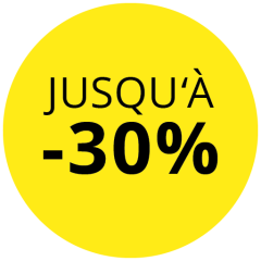 Sur un cercle jaune, il est écrit en noir : « JUSQU'À -30 % ».