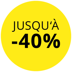 Cercle jaune avec l'inscription noire « JUSQU'À -40 % », indiquant une réduction allant jusqu'à 40 %.