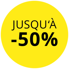 Cercle jaune avec écriture noire : « JUSQU'À -50 % », indiquant une réduction allant jusqu'à 50 pour cent.