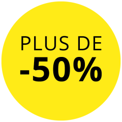 Cercle jaune avec l'inscription noire « PLUS DE -50 % », indiquant une réduction de plus de 50 pour cent.