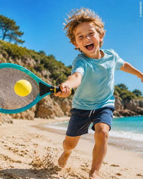 Un enfant souriant jouant au tennis sur une plage de sable et frappant une balle jaune avec une raquette sous un ciel bleu éclatant, avec des arbres et de l'eau visibles en arrière-plan.
