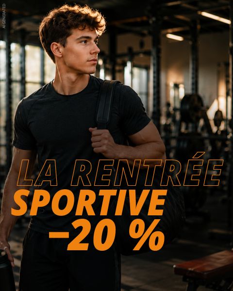 Un jeune homme en tenue de sport se tient dans une salle de sport, au-dessus de laquelle l'inscription « LA RENTRÉE SPORTIVE - 20 % » est visible en lettres grasses orange.