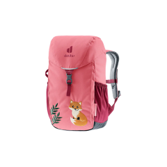 Sac à dos rose pour enfant avec un motif mignon de renard et de feuilles, des poches latérales et des bretelles grises réglables, représenté sur un fond blanc et rond.