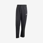 Schwarze Adidas-Jogginghose mit elastischem Bund, Kordelzug, Reißverschlüssen an den Beinenden und weißem Adidas-Logo auf dem linken Oberschenkel, dargestellt auf weißem Hintergrund.