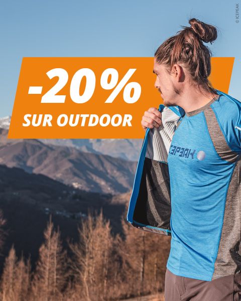 Un homme en tenue de sport bleue à l'extérieur, avec des montagnes en arrière-plan. Le texte orange indique : « -20 % SUR OUTDOOR. ».