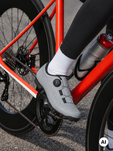 Un gros plan du pied d'une personne portant une chaussure de vélo sur une pédale de vélo, avec des feuilles d'automne et un paysage extérieur flou en arrière-plan.
