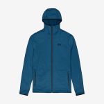 Blaue Kapuzenjacke mit Reißverschluss und langen Ärmeln, zwei Reißverschlusstaschen vorne sowie dezenten Logo-Details auf der Brust und am linken Ärmel, präsentiert auf weißem Hintergrund.
