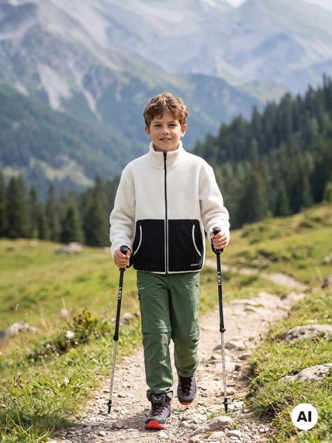 Un garçon souriant marche avec des bâtons de randonnée sur un sentier de montagne; il porte une veste blanche et un pantalon vert. En arrière-plan, on peut voir des forêts et des montagnes.