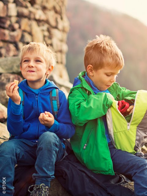 Deux petits garçons sont assis dehors sur des rochers. L'un mange une collation et sourit, tandis que l'autre fouille dans un sac à dos vert. Tous deux portent des vestes colorées.