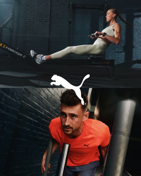Une femme en tenue de sport soulève un haltère, un homme est accroupi avec un seau à côté d'elle, une autre personne est suspendue à des anneaux dans une salle de sport. En haut, on peut lire le texte « FOREVER. FASTER. » avec un logo Puma.