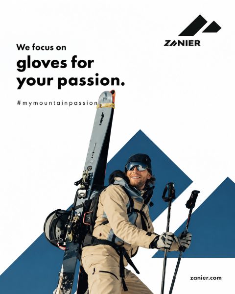 Un skieur en équipement d'hiver dévale une pente enneigée. Le texte en gras est : "Nous nous concentrons sur les gants pour votre passion". Le logo Zanier et le site web sont également visibles. Le hashtag #mymountainpassion est inclus.