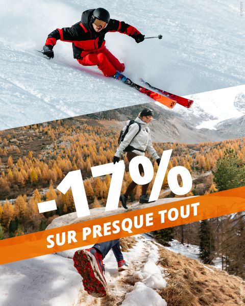 Un skieur carve dans la poudreuse au-dessus d'un randonneur sur un sentier de montagne enneigé ; au-dessus, un texte annonce une réduction de 17 % sur la plupart des articles.