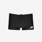 Schwarze Badehose mit Kordelzug in der Taille und einem weißen Adidas-Logo am rechten Bein.