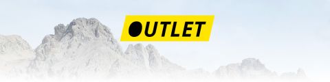 Le mot « OUTLET » en lettres noires sur fond rectangulaire jaune, devant lequel se dessinent des sommets de montagnes enneigés.
