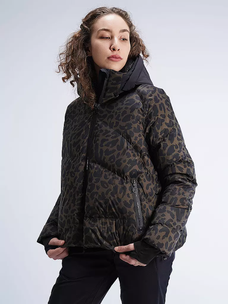 SPORTALM | DAmen Skijacke Echtdaunen mit Leopardenmuster  | Noir