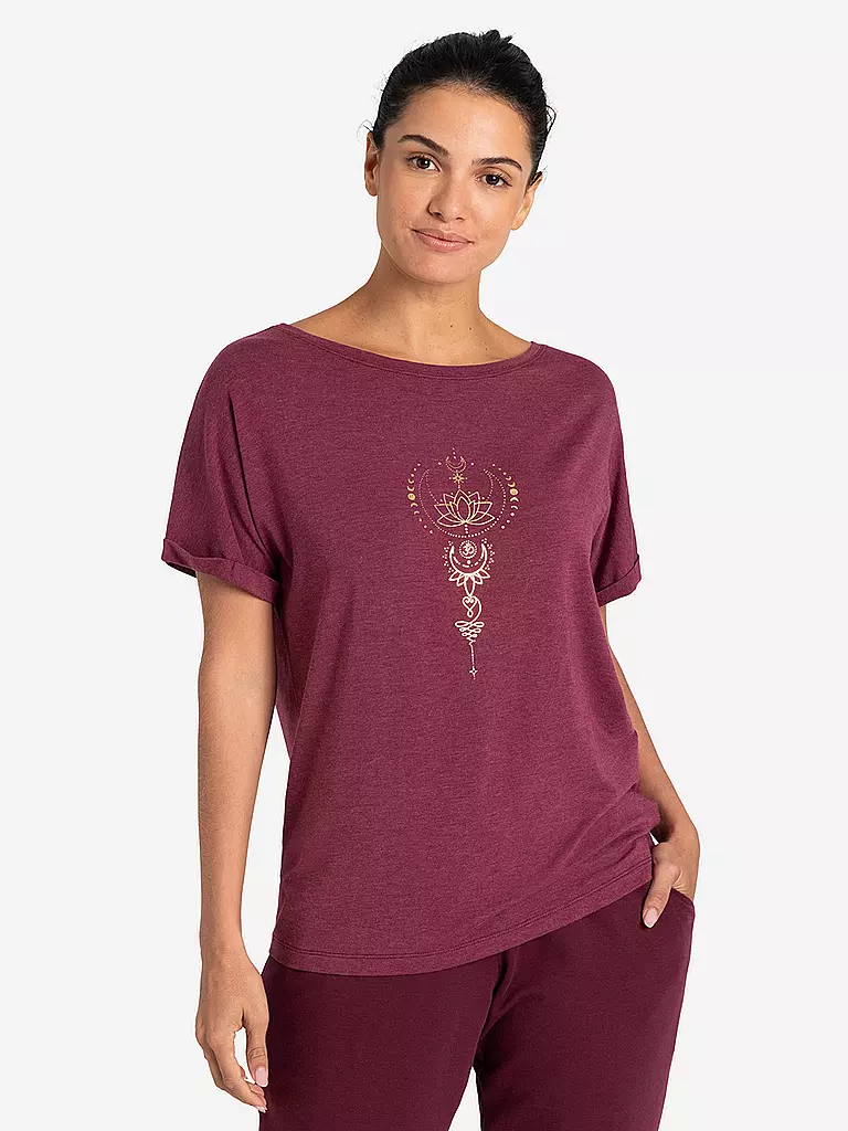 THE SPIRIT OF OM | T-shirt de yoga Eka Padma pour femmes | Rouge foncé